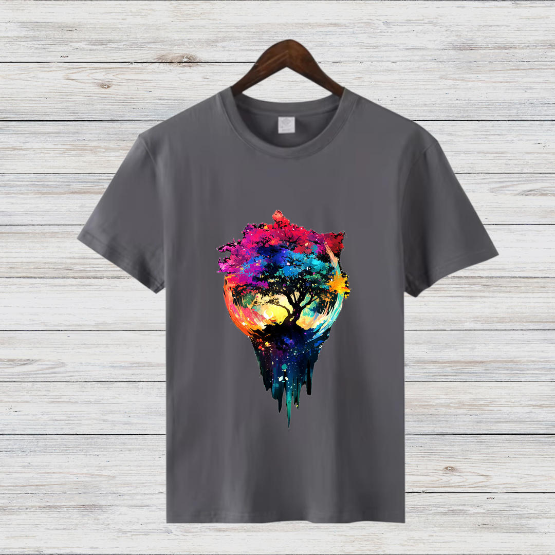 Magischer Baum | Künstlerisches T-Shirt | Farbenfrohes Naturdesign | Stilvolles Baumwollshirt für Wintertage