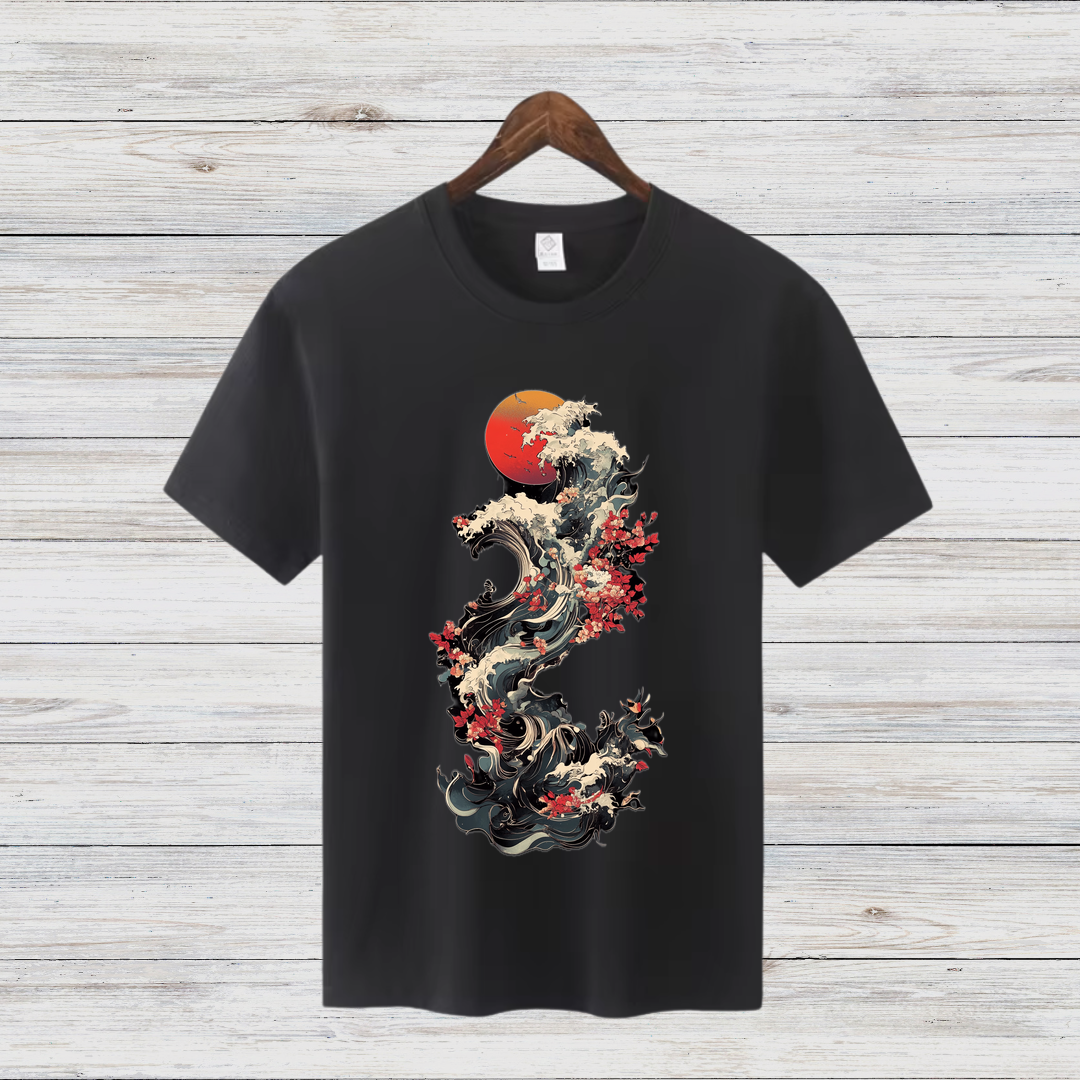 Japanische Welle | Kunstvolles T-Shirt | Asiatisches Design | Stylisches Baumwollshirt für den Winter