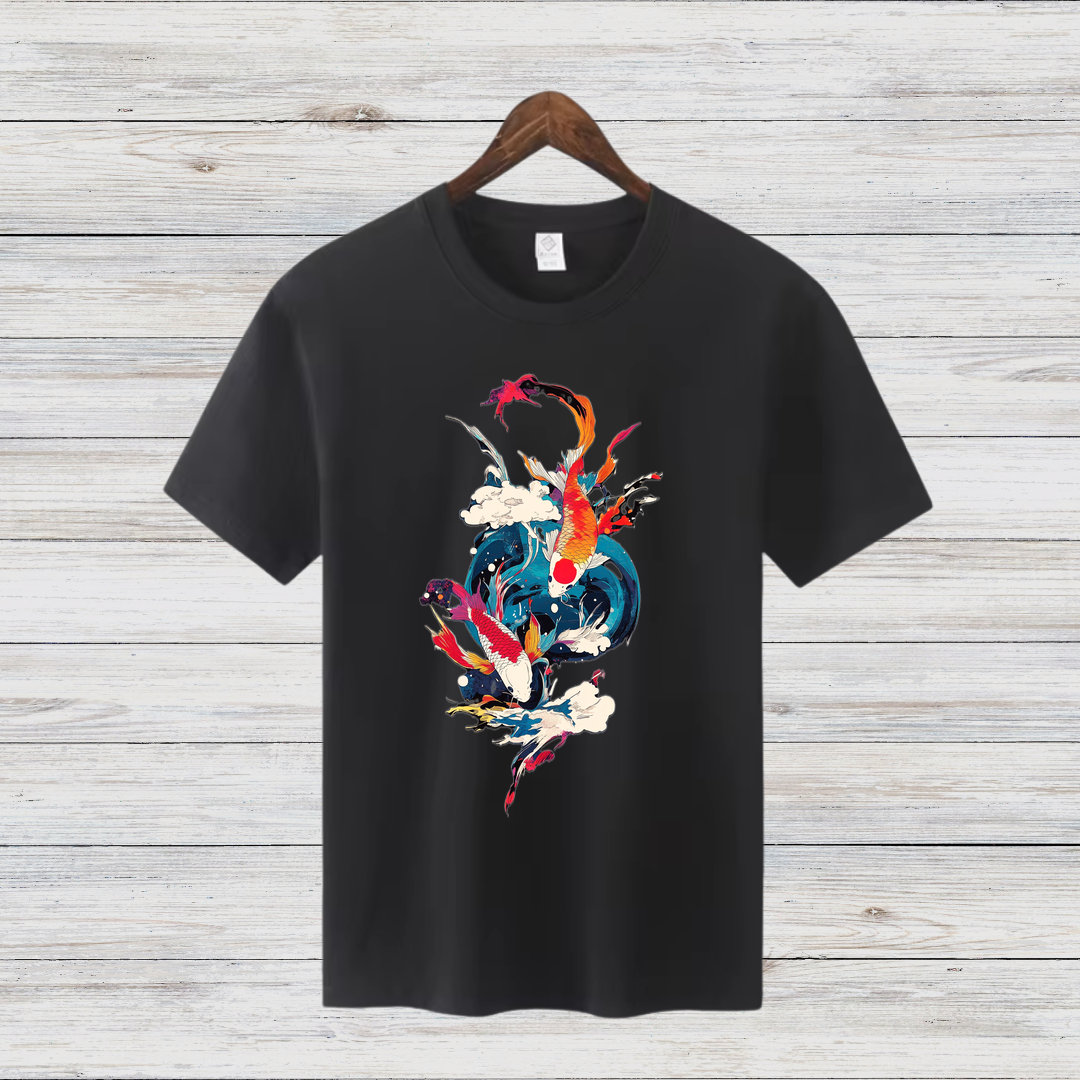 Mystische Koi Fische | Asiatisches Kunst T-Shirt | Winterliches Statement Shirt | Elegantes Baumwollshirt für Stilbewusste