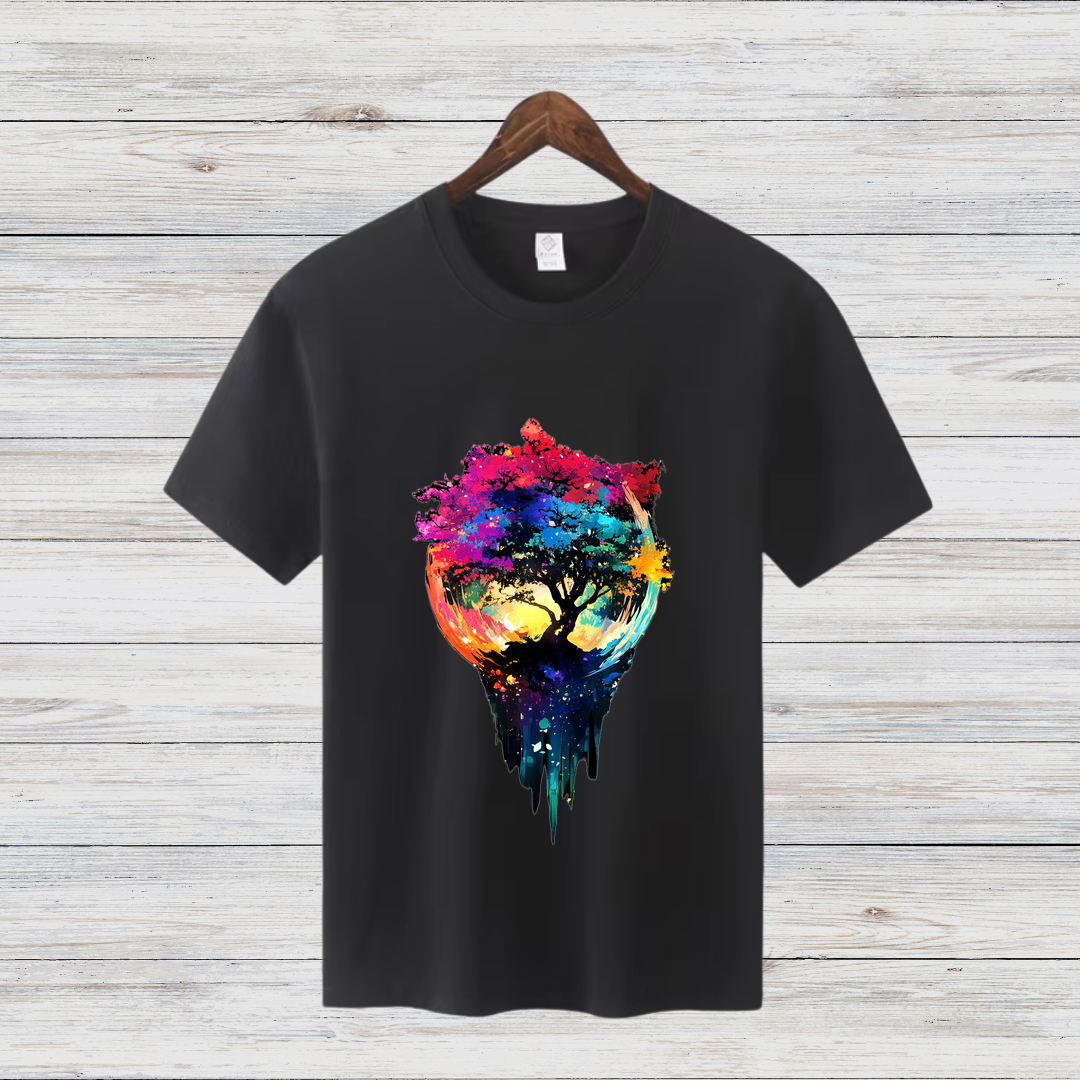 Magischer Baum | Künstlerisches T-Shirt | Farbenfrohes Naturdesign | Stilvolles Baumwollshirt für Wintertage