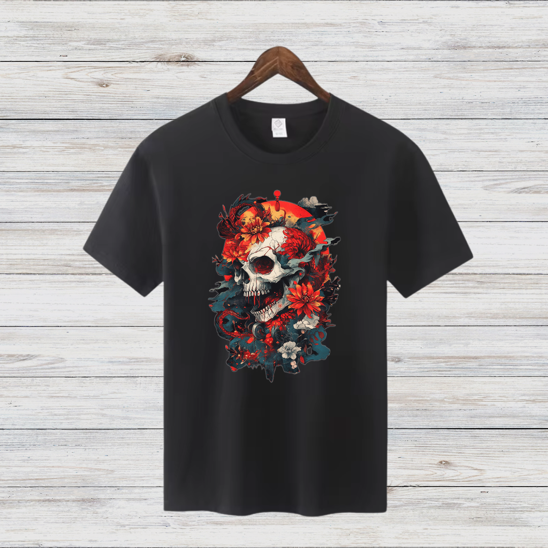 Totenkopf Blumen Shirt | Gothic Style T-Shirt | Skull Design Fashion | Auffälliges Streetwear Shirt | Geschenk für Rock & Metal Fans
