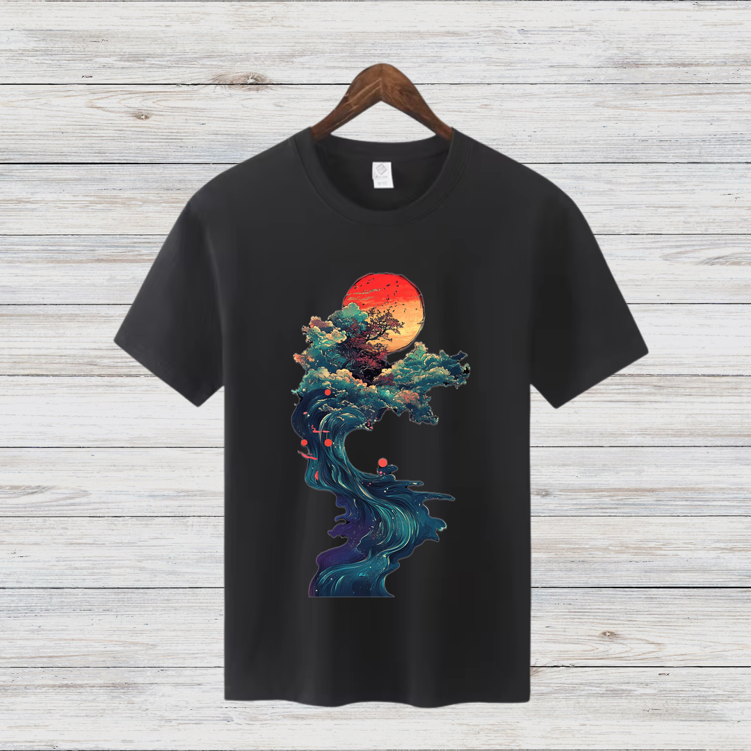 Mystische Natur | Kunstvoll bedrucktes T-Shirt | Japanischer Sonnenuntergang | Stilvolles Baumwollshirt für Wintertage