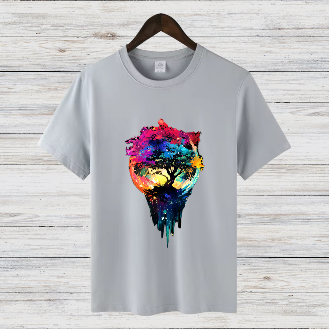 Magischer Baum | Künstlerisches T-Shirt | Farbenfrohes Naturdesign | Stilvolles Baumwollshirt für Wintertage