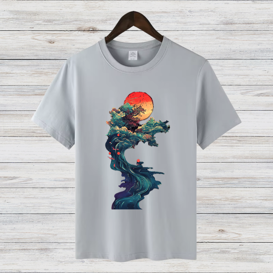 Mystische Natur | Kunstvoll bedrucktes T-Shirt | Japanischer Sonnenuntergang | Stilvolles Baumwollshirt für Wintertage