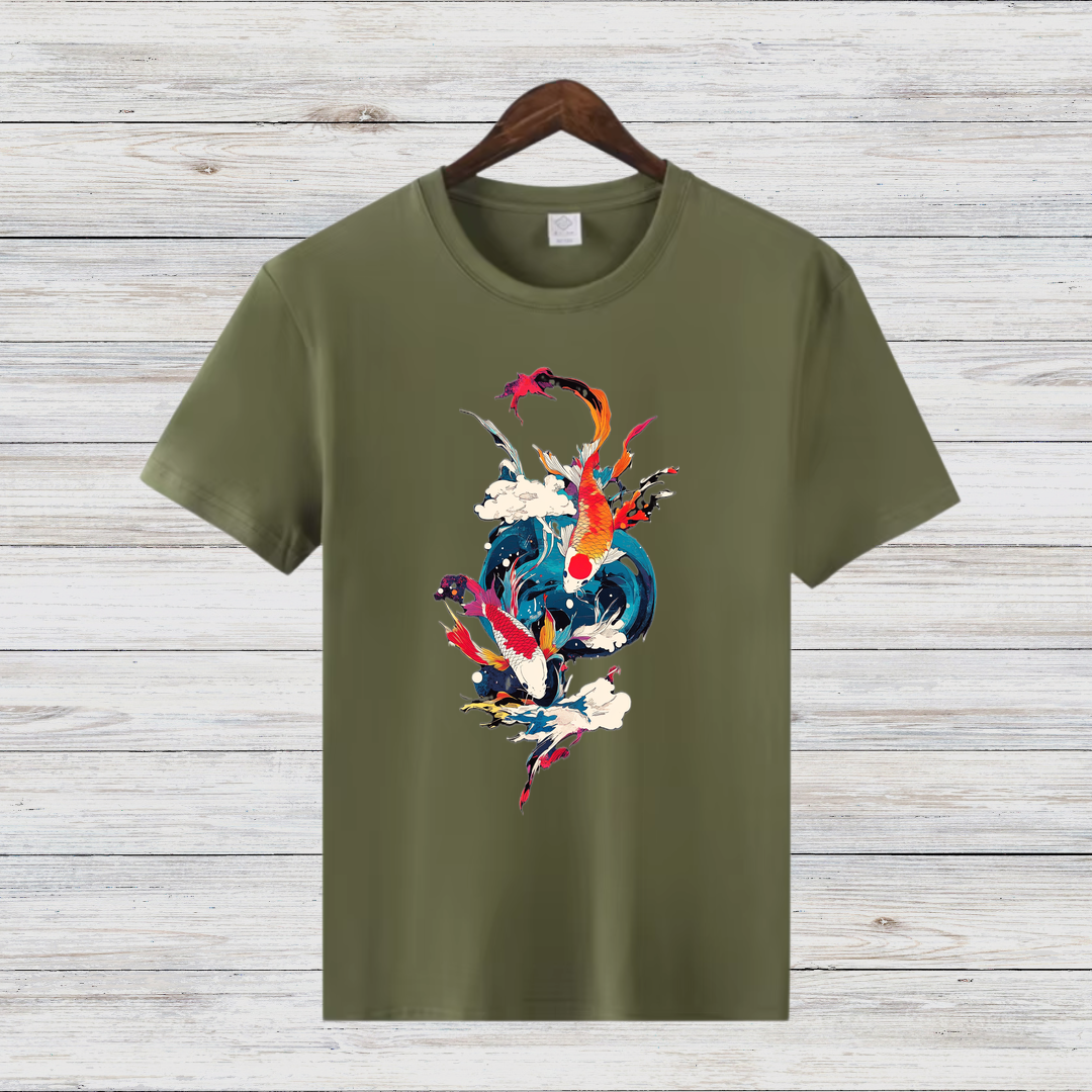 Mystische Koi Fische | Asiatisches Kunst T-Shirt | Winterliches Statement Shirt | Elegantes Baumwollshirt für Stilbewusste