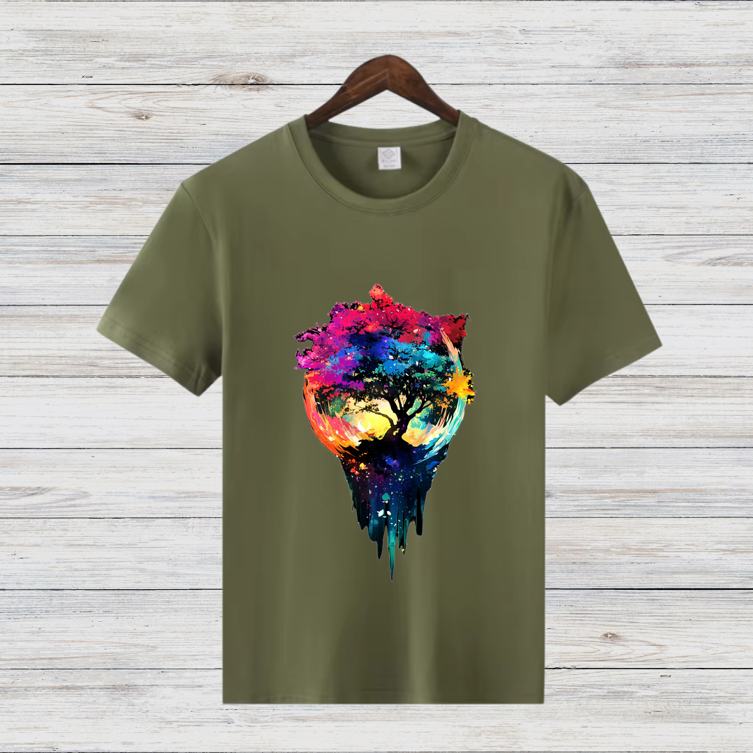 Magischer Baum | Künstlerisches T-Shirt | Farbenfrohes Naturdesign | Stilvolles Baumwollshirt für Wintertage