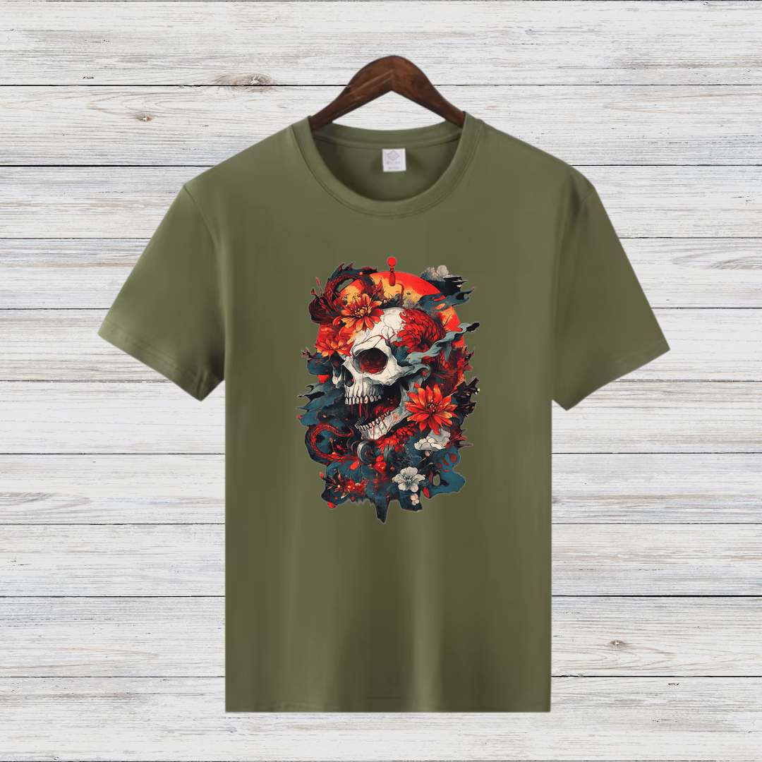 Totenkopf Blumen Shirt | Gothic Style T-Shirt | Skull Design Fashion | Auffälliges Streetwear Shirt | Geschenk für Rock & Metal Fans