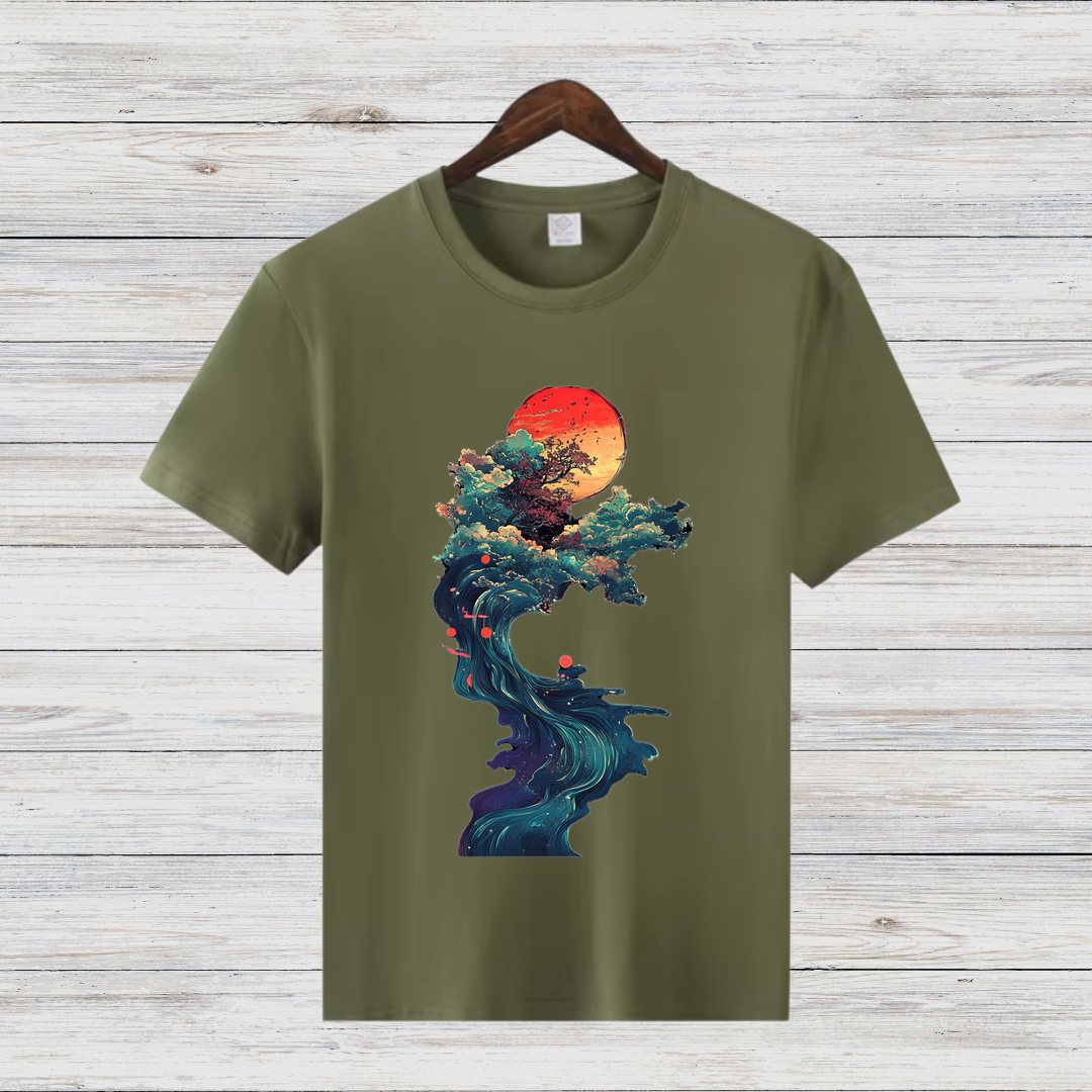 Mystische Natur | Kunstvoll bedrucktes T-Shirt | Japanischer Sonnenuntergang | Stilvolles Baumwollshirt für Wintertage