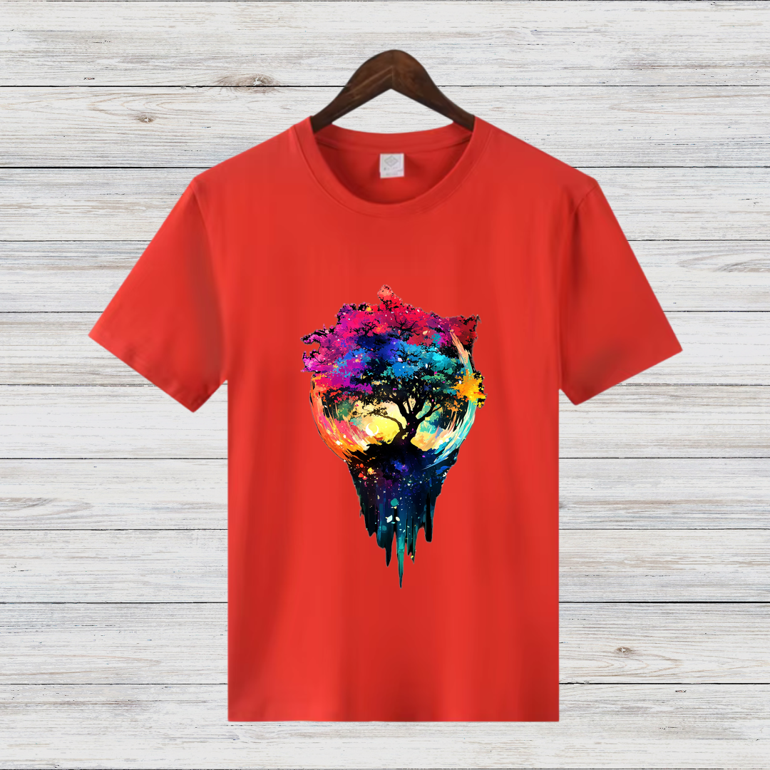 Magischer Baum | Künstlerisches T-Shirt | Farbenfrohes Naturdesign | Stilvolles Baumwollshirt für Wintertage