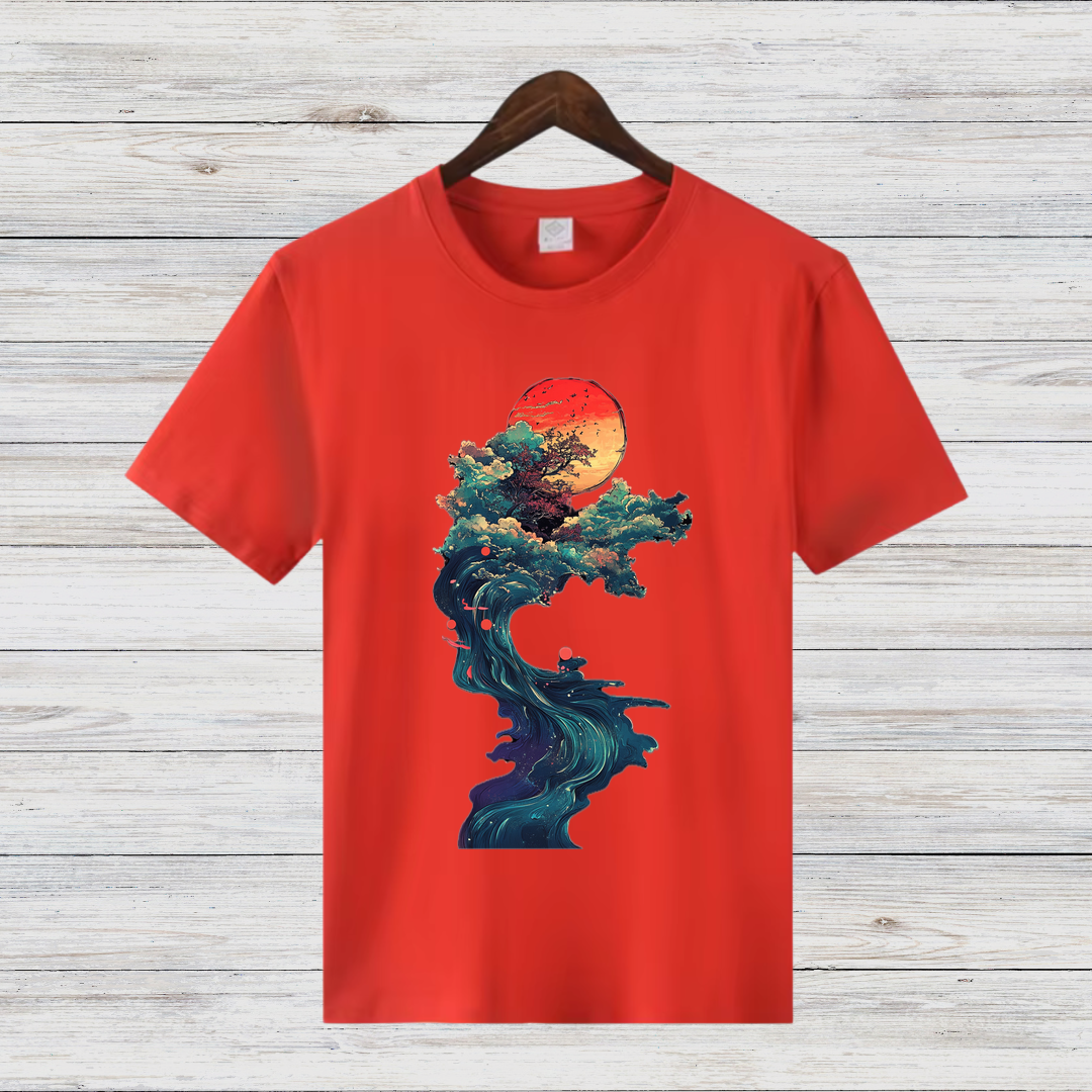 Mystische Natur | Kunstvoll bedrucktes T-Shirt | Japanischer Sonnenuntergang | Stilvolles Baumwollshirt für Wintertage
