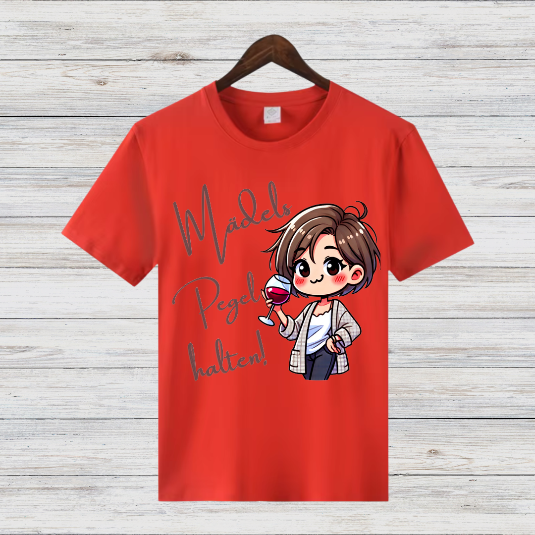 Mädels Pegel halten | Lustiges Wein-Shirt | Humorvolles Partyshirt | Statement Shirt für Weinliebhaberinnen