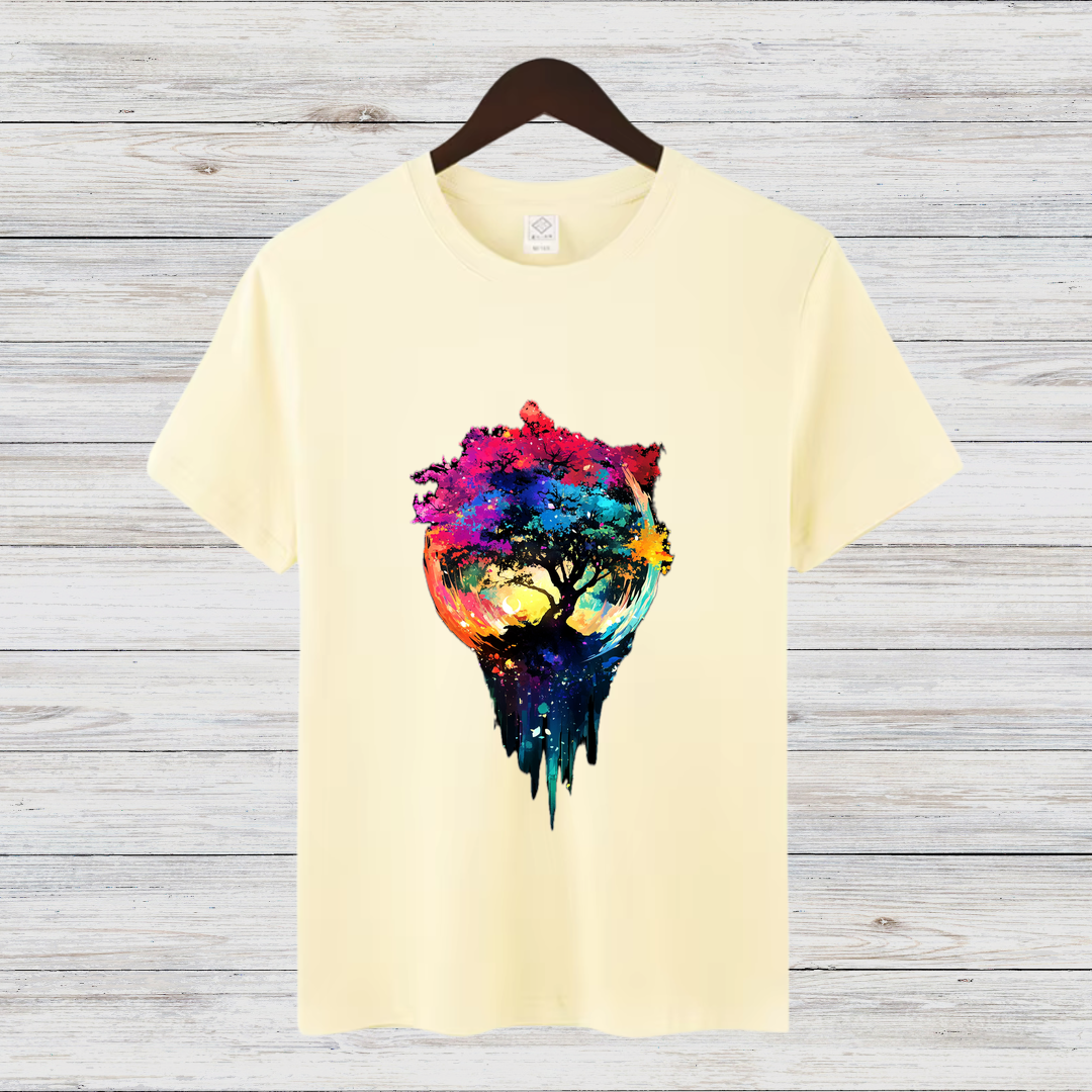 Magischer Baum | Künstlerisches T-Shirt | Farbenfrohes Naturdesign | Stilvolles Baumwollshirt für Wintertage