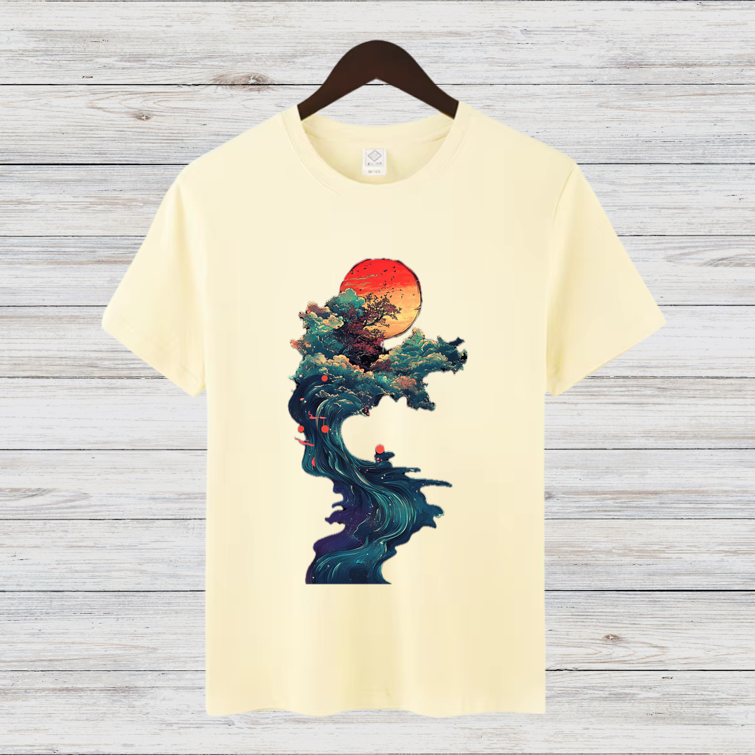 Mystische Natur | Kunstvoll bedrucktes T-Shirt | Japanischer Sonnenuntergang | Stilvolles Baumwollshirt für Wintertage