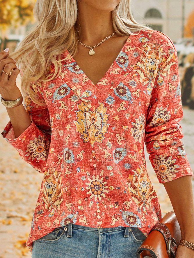 SpringStil® - Boho Summer Flower Red V-neck Top