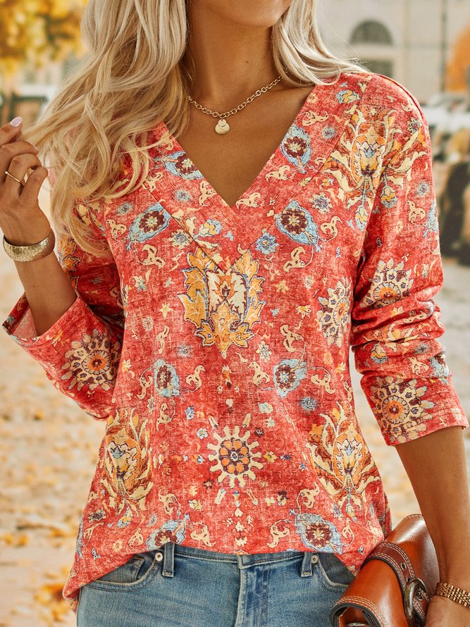 FallStil® - Boho Summer Flower Red V-Neck Top