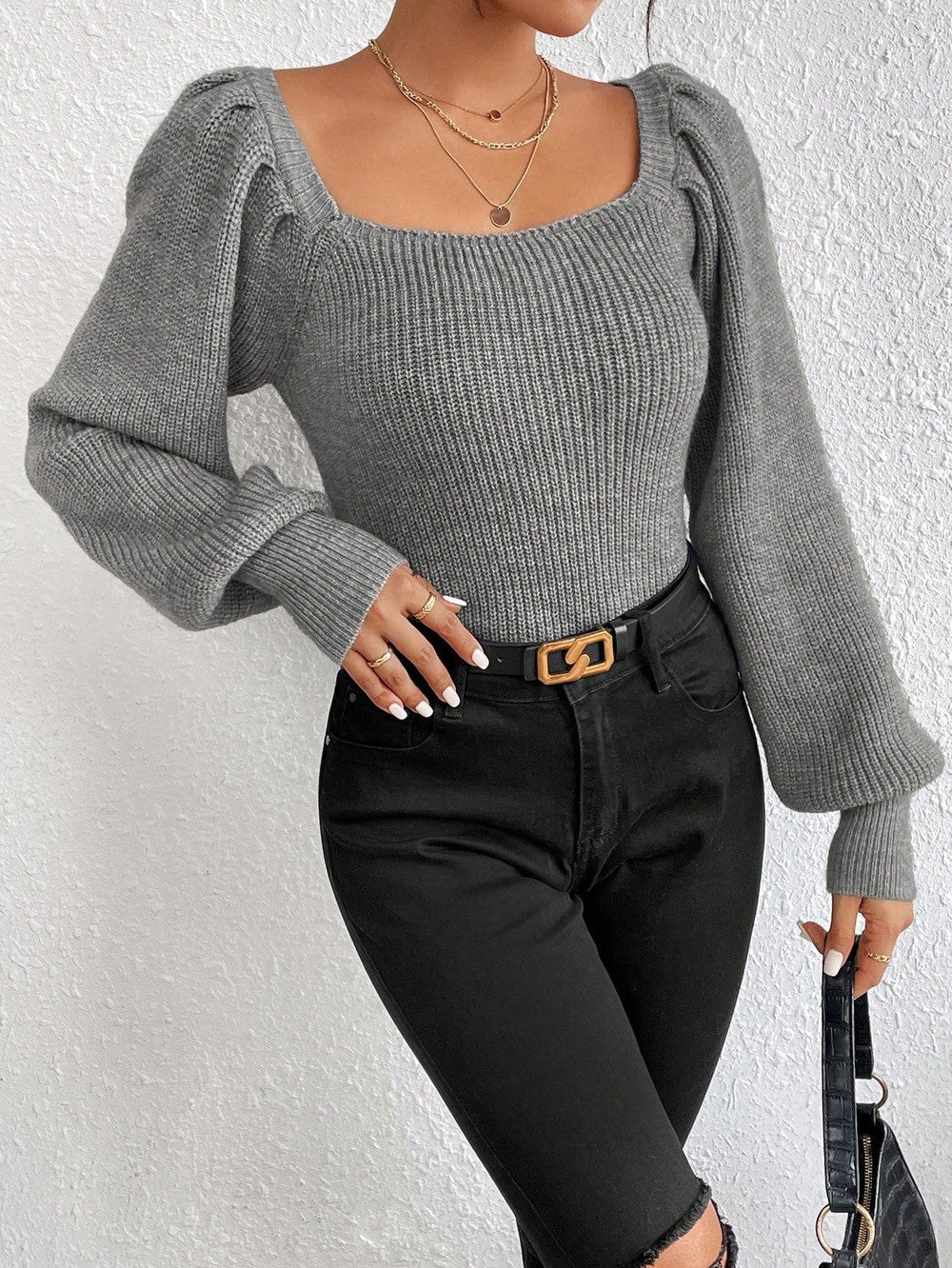 StrickSinn® - Grey plain sweater with square neckline