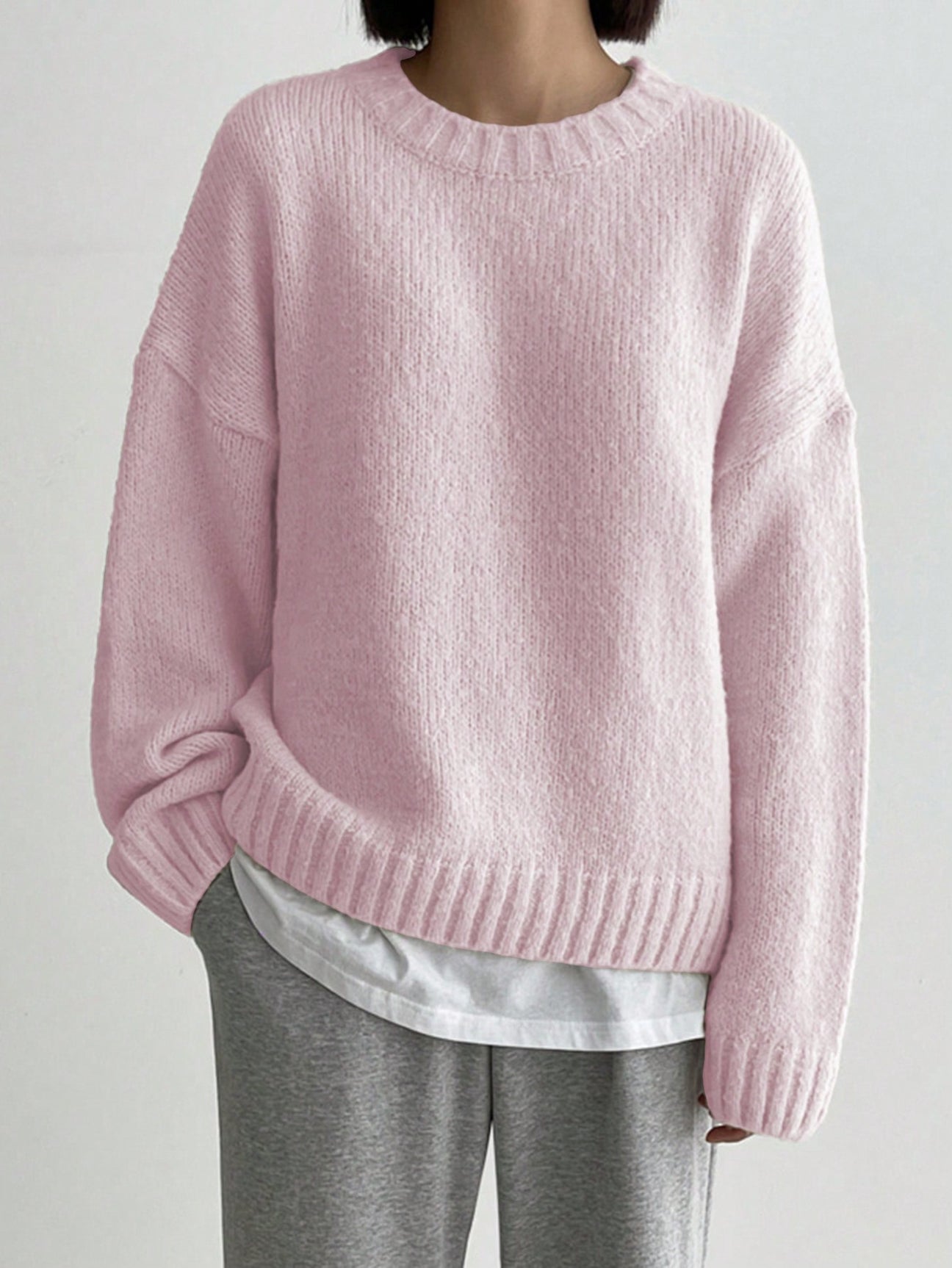 WinterTrend® - Pink plain sweater with long sleeves and round neck