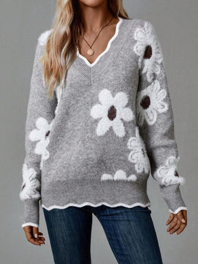 Reverie® - Grey V-neck sweater with floral print