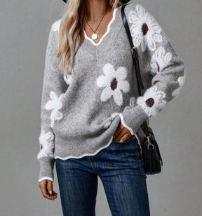 Reverie® - Grey V-neck sweater with floral print