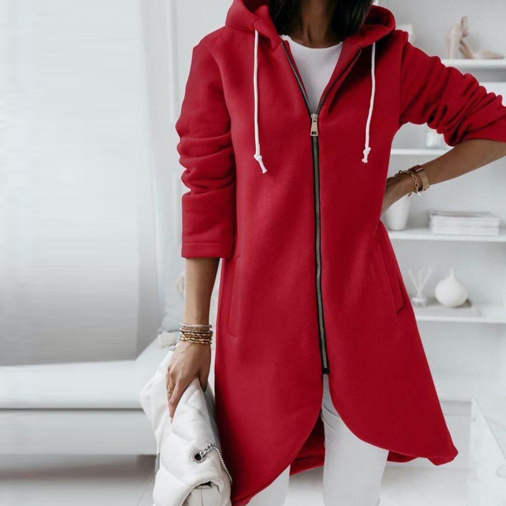 Even&amp;Vil® - Motor Red Uneven Hem Zip Up Hoodie Cardigan