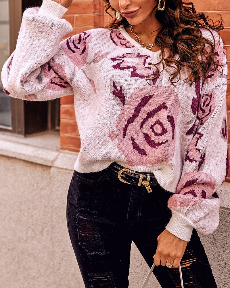 FallStil® - V-neck sweater with lantern sleeves in floral print