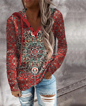 FallStil® - Red Mandala Print Long Sleeve Hooded Henley Sweatshirt