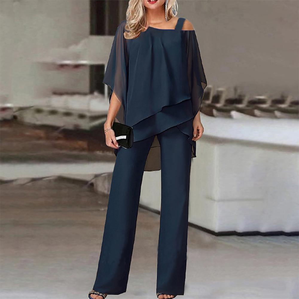 BlütenBliss® - Navy two-piece ruched top and cold shoulder pants set