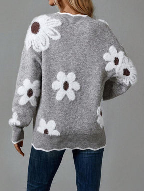 Reverie® - Grey V-neck sweater with floral print