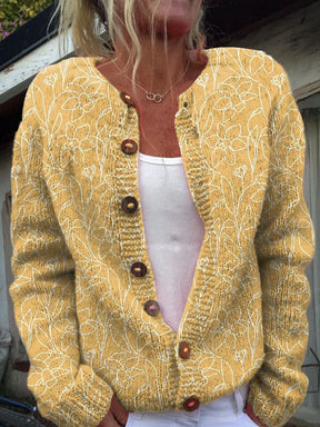 HerbstTrend® - Strickjacke mit Blumenmuster und gelbem Narzissenmuster im Strichzeichnungsstil, bedruckt mit Knöpfen