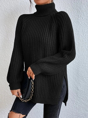 BlütenBliss® - Black long-sleeved turtleneck sweater with ribbed surface