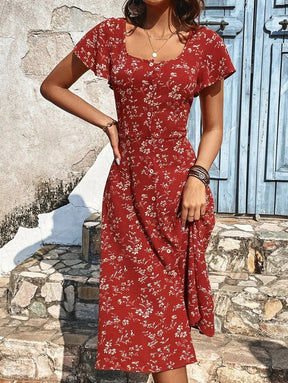 SpringStil® - Elegant red print midi dress with square neckline