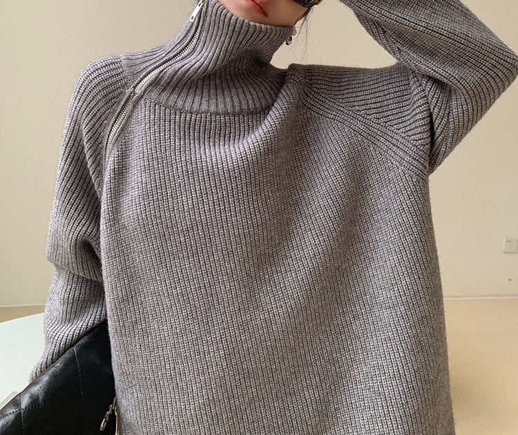 Lovja® - Grey plain high neck sweater