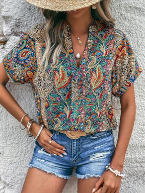 SpringStil® - Colorful Garden Summer Print Notched V-Neck Top