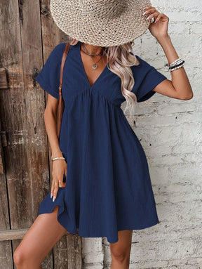 EcoExotica® - Navy blue solid color short sleeve mini dress