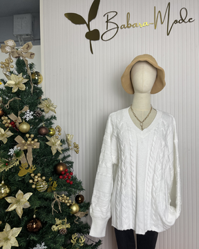 HerbstTrend® - White plain sweater with V-neck and long sleeves