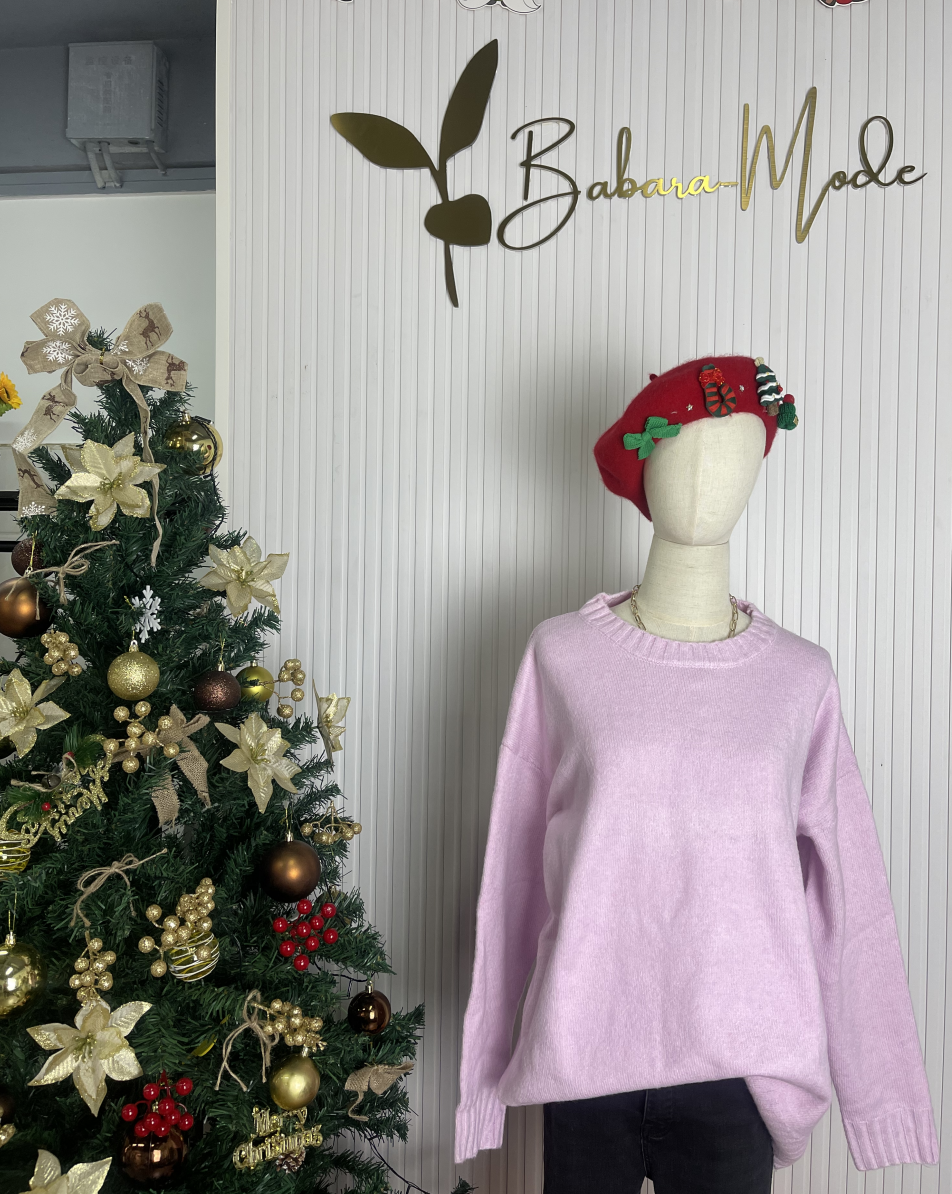 WinterTrend® - Pink plain sweater with long sleeves and round neck