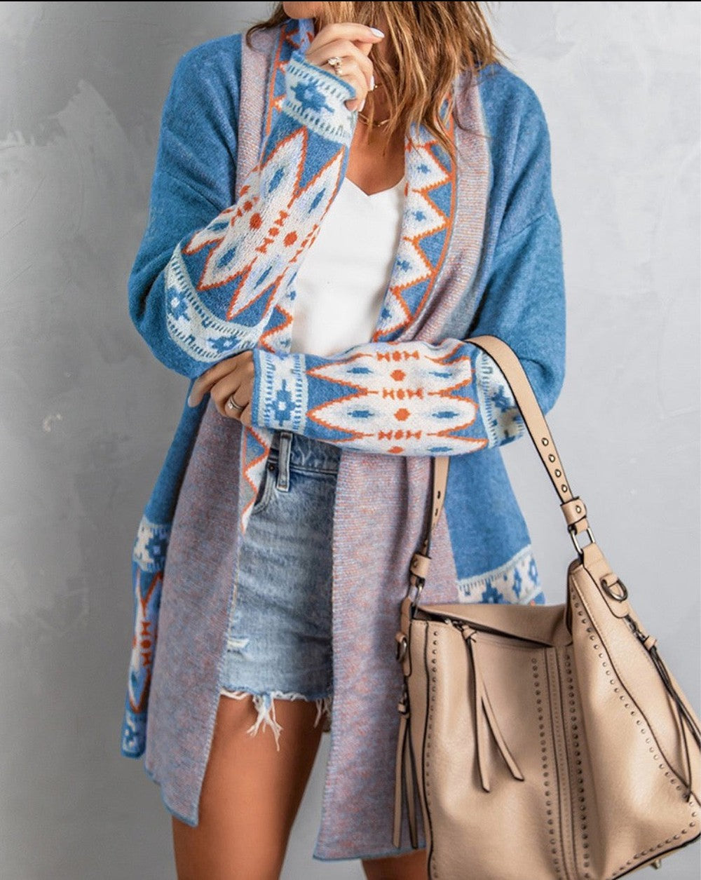 HerbstTrend® - Blue long-sleeved cardigan with print