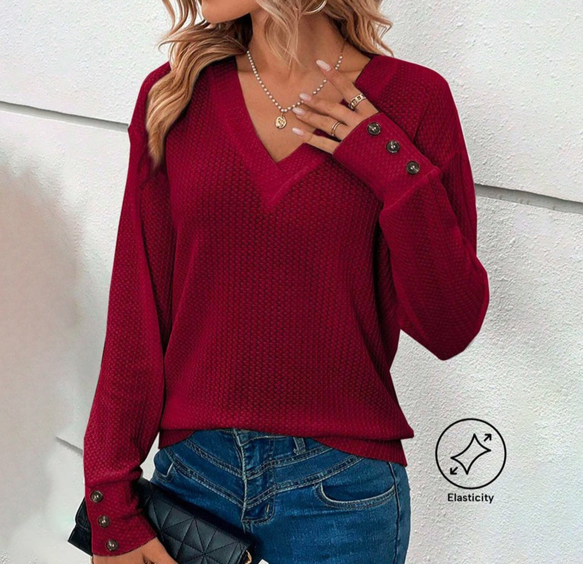 FallStil® - Red solid color long sleeve V-neck top