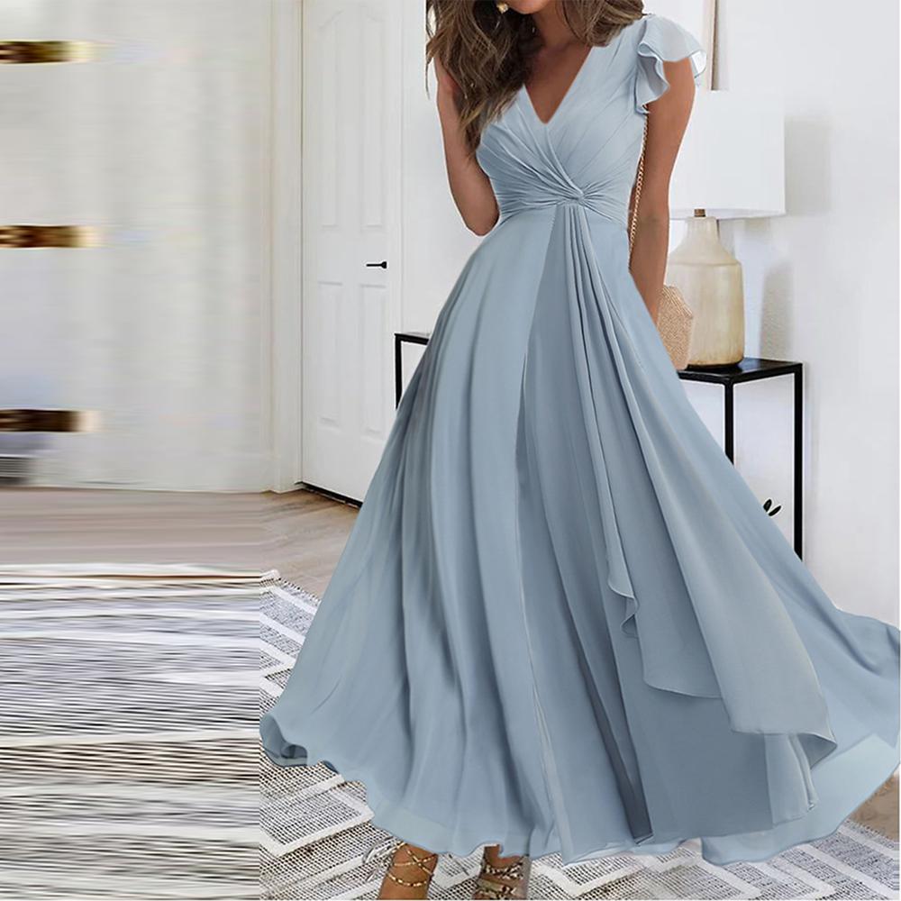 PureWear® - Powder blue maxi dress with V-neck and gathered sleeves