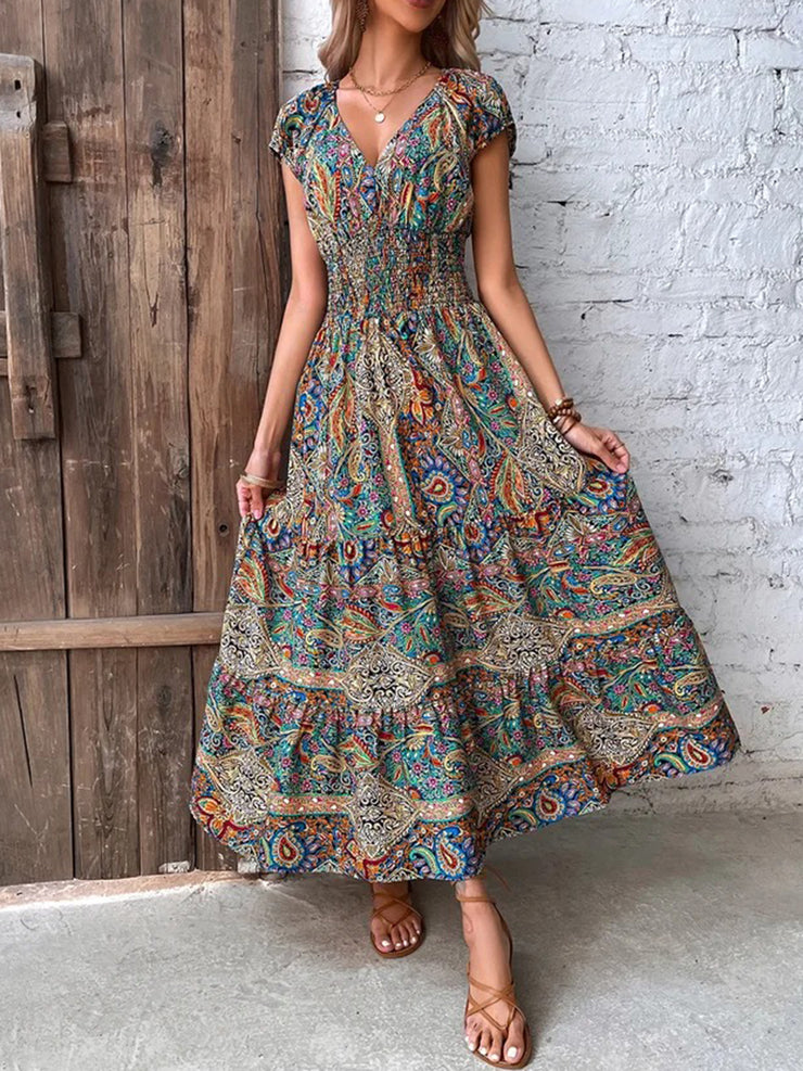 FallStil® - Colorful Paisley Gathered Waist Long Summer Dress