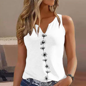 PureWear® - White Daisy Sleeveless Tank Top with Notch Neck