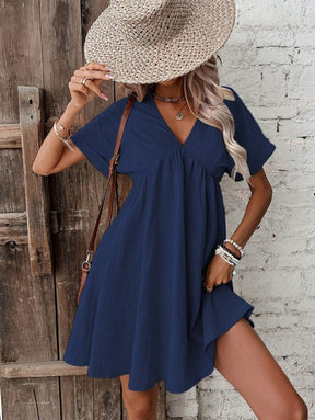 EcoExotica® - Navy blue solid color short sleeve mini dress