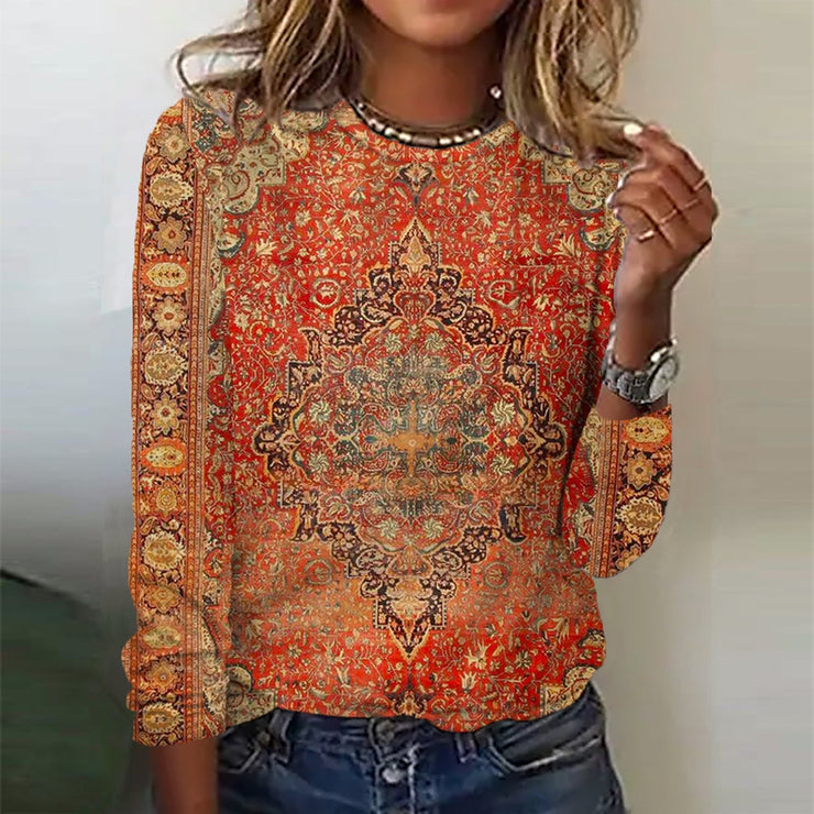 FallStil® - Yellow-Orange Vintage Print Long Sleeve Top