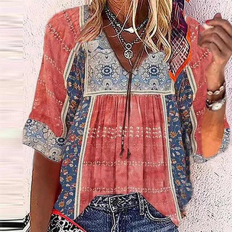 BlütenBliss® - Boho Chic Colorful Prairie Top with Half Sleeves