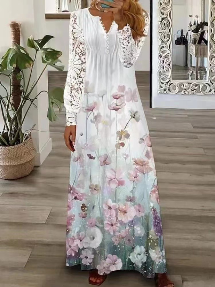 FallStil® - Elegant green floral long dress