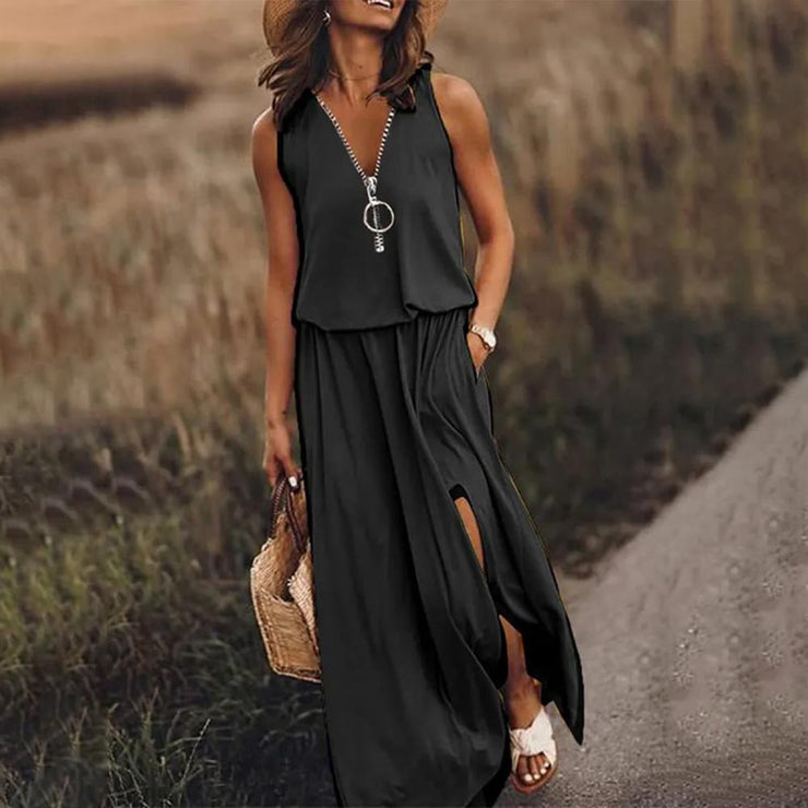 SpringStil® - Black sleeveless maxi dress with illusion pleats