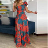 FallStil® - Maui Orange Palmetto Blue Asymmetrical Maxi Dress with Ruffles