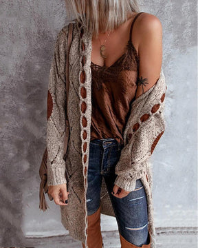 Reverie® - Hoodie Khaki Diamond Elbow Patch Long Cardigan Sweater