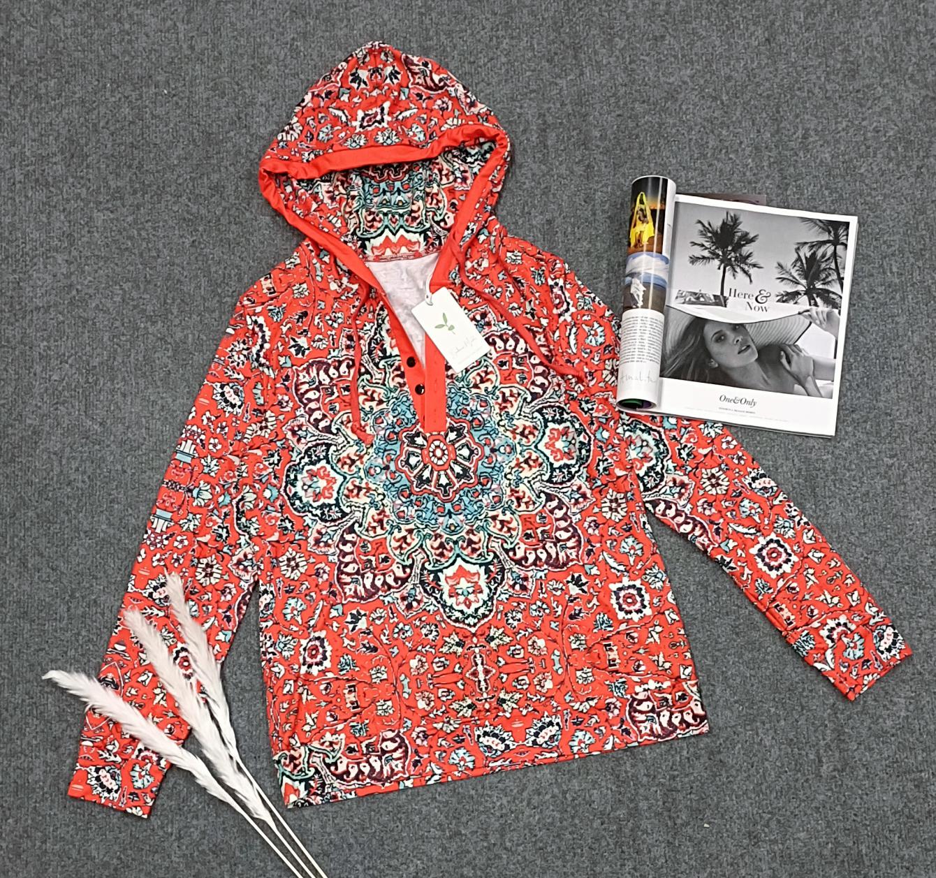 FallStil® - Red Mandala Print Long Sleeve Hooded Henley Sweatshirt