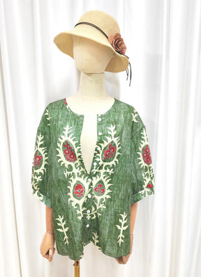 SpringStil® - Green boho blouse with deep V-neck